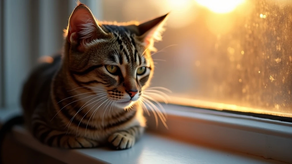 Tabby macska ablaknál hajnali fényben ülve