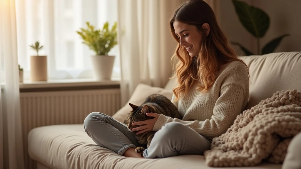 Nyugodt délutáni simogatás Cica kényelmesen pihen gazdáján