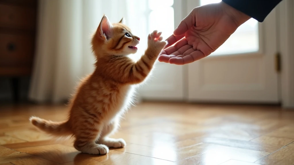 Első érintés pillanata Kiscica bátortalan kéznyújtás