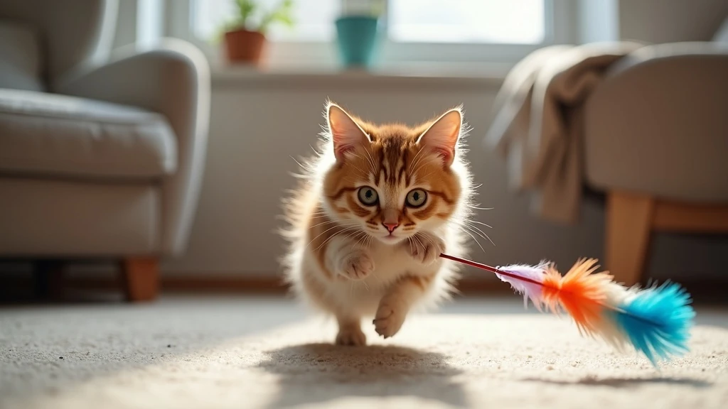 Játék közben születik boldogság Macska vadászik pálcás játékra nappaliban