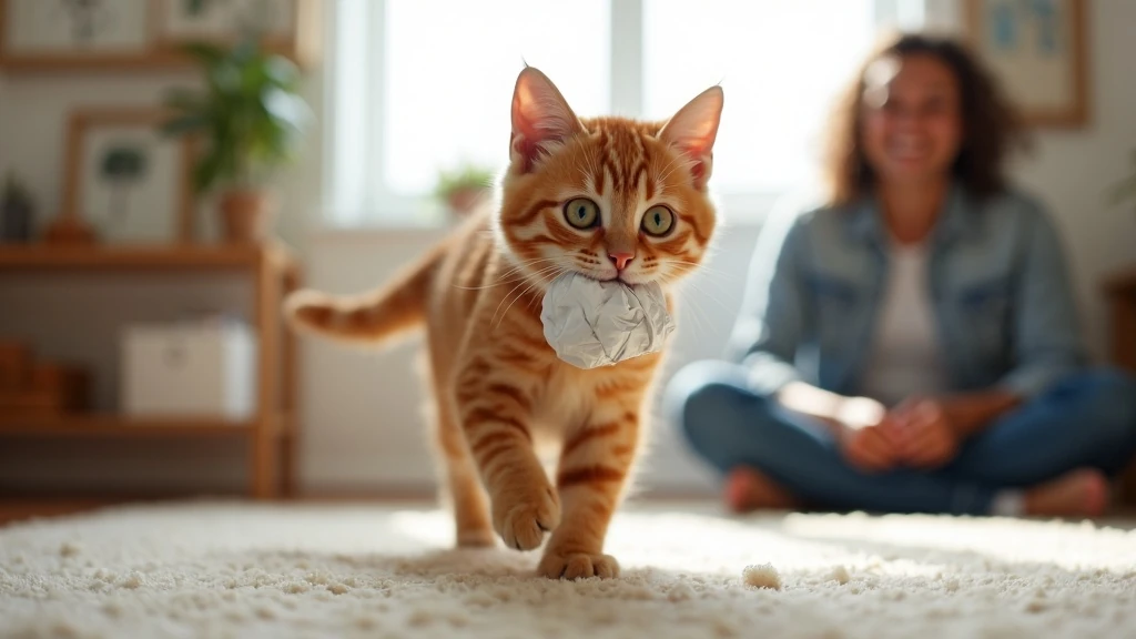 Apportírozó cica papírgolyóval